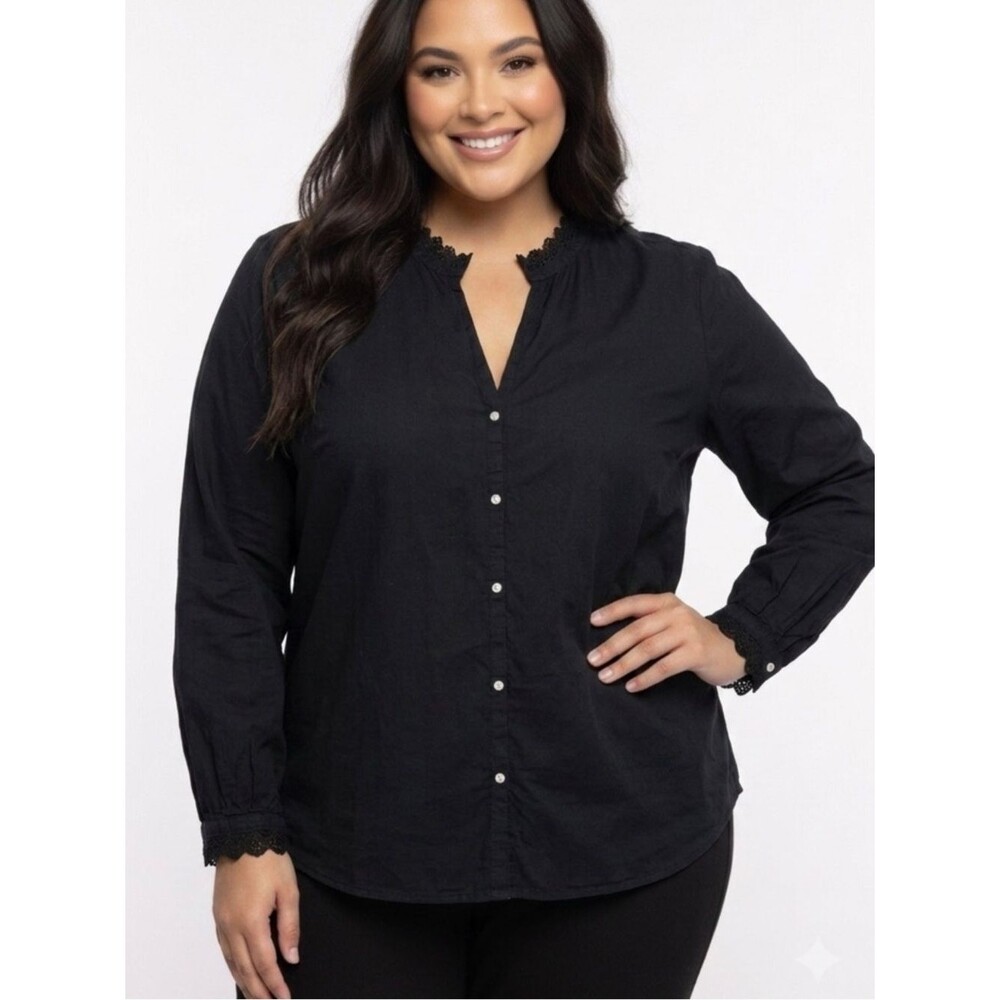 Old Navy Black Cotton Eyelet Lace Trim Split Neck Button Down Blouse Size XXL